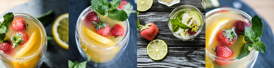 collage of tea with strawberries, lemons and mint leaves near mojito cocktail