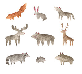 Watercolor set of forest wild animals. Mammals characters fox, rabbit, wolf, elk, bear, deer, boar, hedgehog, raccoon. Children cartoon set perfect for cards, prints, posters, design, fabric.