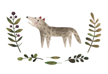 Watercolor set of wild wolf and leaves. Branch and mammal isolated on white. Children cartoon set perfect for cards, prints, posters, design, fabric.