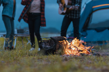 Burning wood at night. Campfire at nature in mountains. Flame and fire sparks. abstract background.