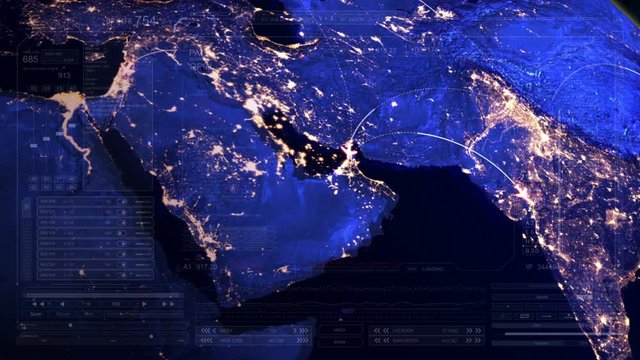 Global connection.Globe map with flight direction connecting countries. Technological futuristic HUD.User interface futuristic flight operator. UAE and Gulf contries in the viewport.