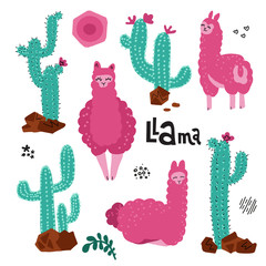 Cute llama set for design. Tree alpacas.with many Cacti plant Childish print for cards and nursery decoration. Illustration of flat hand drawn cactus on white background.Front, back, side views.