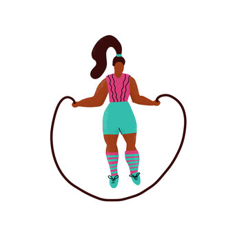Young plus size woman jump with skipping rope. Woman in sport clothes cartoon character. Fitness exercise with jumping rope hand drawn flat textured illustration. Lady body workout, gymnastic training