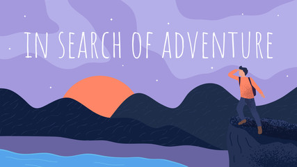 Vector illustration. A man with a backpack stands on top of a rock and looks at the mountains. Flat design. Concept of discovery, exploration, hiking, adventure tourism and travel. Landscape view.