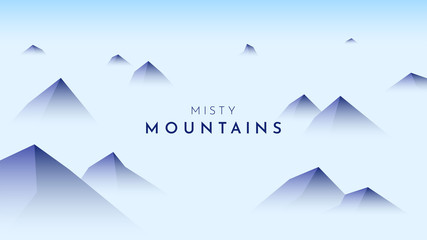 Vector cartoon illustration with copy space for text. Blue mountain tops landscape with fog. Misty nature design. Website or game template with copy space for text. Clear sky. Season scene. Flat style