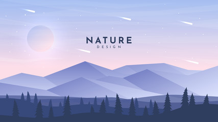 Fototapeta premium Modern geometry background. Flat wallpaper. Polygonal design. Himalayan mountains. Realistic woods. Website or game template. Cartoon backdrop. Pink triangle sky. Falling asteroids. Summer season