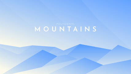 Modern outdoor vector illustration. Minimalist flat landscape. Polygonal design. Blue mountains with shadow. Text with double exposure effect. Sunshine behind hills. Clear sky. Landing page template