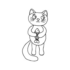 Cat in love with fish design element. Сoncept valentine. Hand drawn vector illustration in doodle style outline drawing isolated on white background.