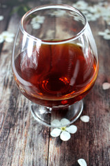 a glass of red wine on the table on a wooden background