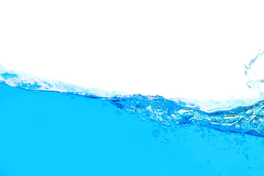 Close up water splash with air bubbles. Fresh and clean surface aqua flowing in wave and clean water on white background isolated. Advertising image with free space for your work