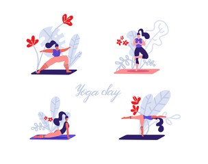 Set of Sporty women practicing yoga and standing in asana exercise poses. Girl doing different yoga pose in font of big leaves and flowers. modern flat illustration in scandinavian style