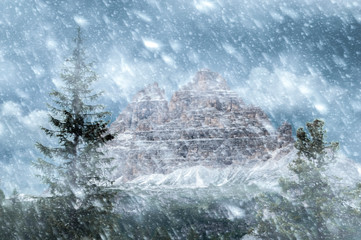 Tre cime mountains in snow storm