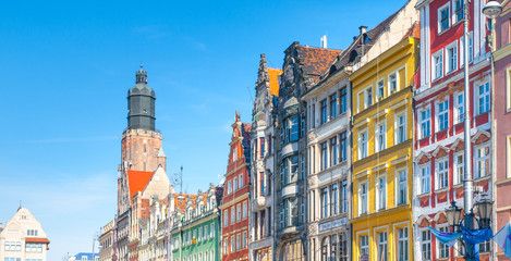 Colorful facade houses at Market Square in Wroclaw, Poland
