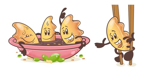 Gyoza - asian fried dumplings. A set of fun cartoon characters. Illustration isolated on white background