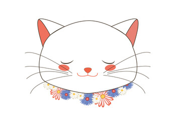 Cute White Kitten Sleeping Face with Flower Collar