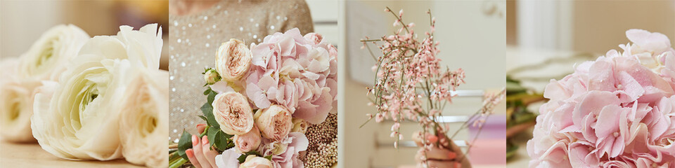 collage of woman holding blooming flowers