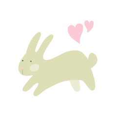 Vector illustration of Easter or Valentine rabbit with two pink hearts isolated on white background.  Cute cartoon character for your design card, scrapbook or party