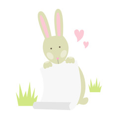 Vector illustration of Easter bunny with hearts and paper list around grass isolated on white background with two hearts in love. Illustration for spring design 