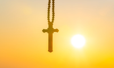 The Crucifixion of Jesus Christ at Sunrise - Three Crosses On Hill. Religious Concepts