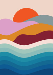 Colorful background with landscape, abstract mountains. Abstract colored backdrop with hand-drawn elements or curves. Creative vector illustration - poster design.