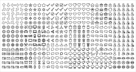 Mega set of icons in trendy line style. Arrow, Business, bubble chat, Check mark, device gadget, home, love, mail, user, setting and weather. Big set Icons collection. Vector illustration
