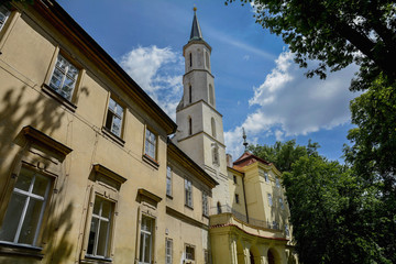 Church of St. Catherine of Alexandria in Prague. Church tower Catherine is visible from afar and looks like a thin minaret of a Muslim mosque. Frescoes inside the church.