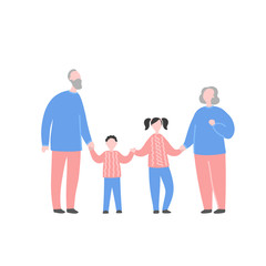 Obraz premium Modern flat vector illustration with family. Grandfather, grandmother, granddaughter and grandson holding by hand. Concept of family, family values, support and connections in families