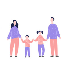 Obraz premium Modern flat vector illustration with happy family. Parents with children standing and holding by hand. Concept of family, family values, support and connections in families