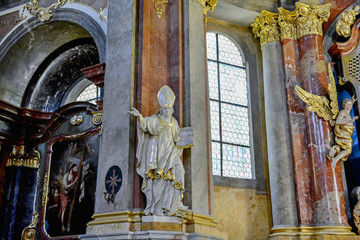 Church of St. Catherine of Alexandria in Prague. Church tower Catherine is visible from afar and looks like a thin minaret of a Muslim mosque. Frescoes inside the church.