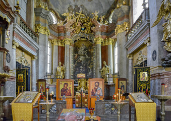 Church of St. Catherine of Alexandria in Prague. Church tower Catherine is visible from afar and...