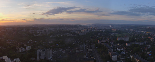 Aerial view of sunset in Zhytomyr city, Ukraine. Great sunrise.