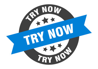 try now sign. try now round ribbon sticker. try now tag