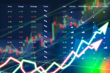 Stock market digital graph chart on LED display concept. A large display of daily stock market price and quotation. Indicator financial forex trade education background.