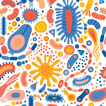 Seamless pattern with different types of microorganisms.Abstract backdrop of shapes microscopic viruses, bacterias, microbes, protists. Colored flat vector illustration isolated on white background.