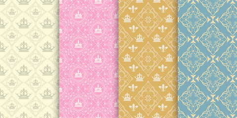 Seamless patterns. Set of 4 backgrounds. Decorative patterns in retro style. Colors: gold, pink, white, blue. Vintage patterns, vector image