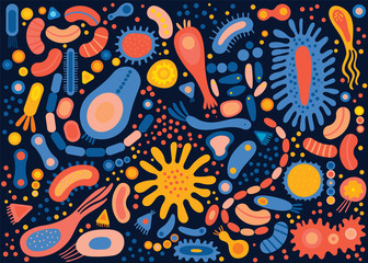 Big set with different types of microorganisms.Abstract collection of shapes microscopic viruses, bacterias, microbes, protists. Colored flat vector illustration isolated on dark background