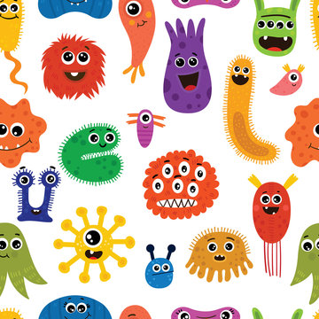 Seamless pattern with cartoon different characters of microorganisms. Funny backdrop of bacterias, protists, microbes,viruses . Bright colored flat vector illustration isolated on background