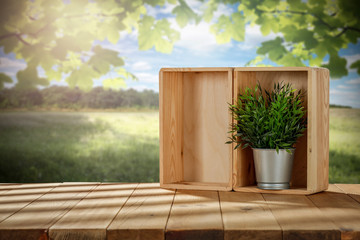 Desk of free space and blurred background of garden 