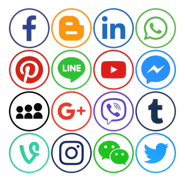 Kiev, Ukraine - December 05, 2016: Collection of popular social media round icons printed on paper: Facebook, Twitter, Google Plus, Instagram, Pinterest, LinkedIn, Blogger, Tumblr and others