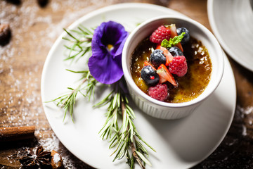 Avocado creme brulee served in a cup in restaurant