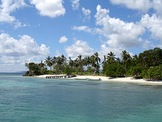 Tropischer Strand auf einer Insel mit Booten und Palmen