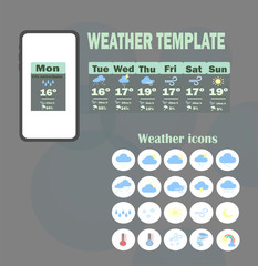 Weather template app. Vector template - weekly weather forecast for mobile application. Weather forecast flat icons collection.