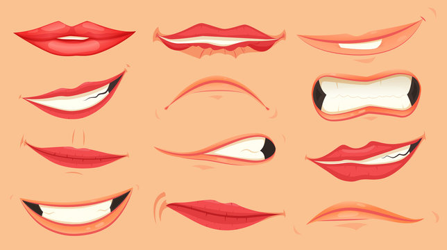 Cartoon cute mouth expressions facial gestures set with pouting lips smiling sticking out tongue isolated vector illustration.