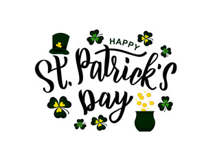 Naklejka premium Saint Patrick's Day hand lettering text as logotype, card, banner template. Vector illustration for Irish celebration design. Hand drawn typography with green hat and shamrock.