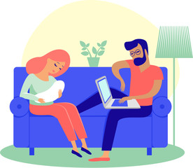 Family at home man working woman nursing newborn baby