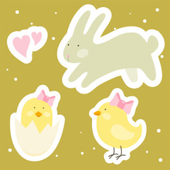 Vector cartoon cute Easter set of stickers templates with baby chicken, bunny, egg shell and hearts. Easter cards, gift, labels. Template for Greeting Scrap booking, Congratulation