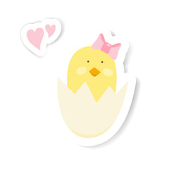 Vector cartoon Easter sticker with baby chicken in egg shell. Easter cards, gift, labels. Template for Greeting Scrap booking, Congratulation