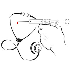 Injection syringe in hand and laryngophone medical silhouette