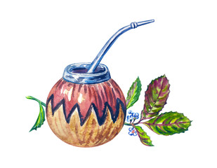 Mate drink in calabash with bombilla and leaves of Paraguayan holly, watercolor illustration on white background, isolated.