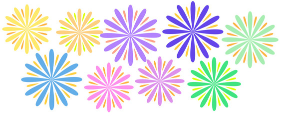 Colorful fireworks set isolated on white background, illustration. Holiday and party firework icons collection